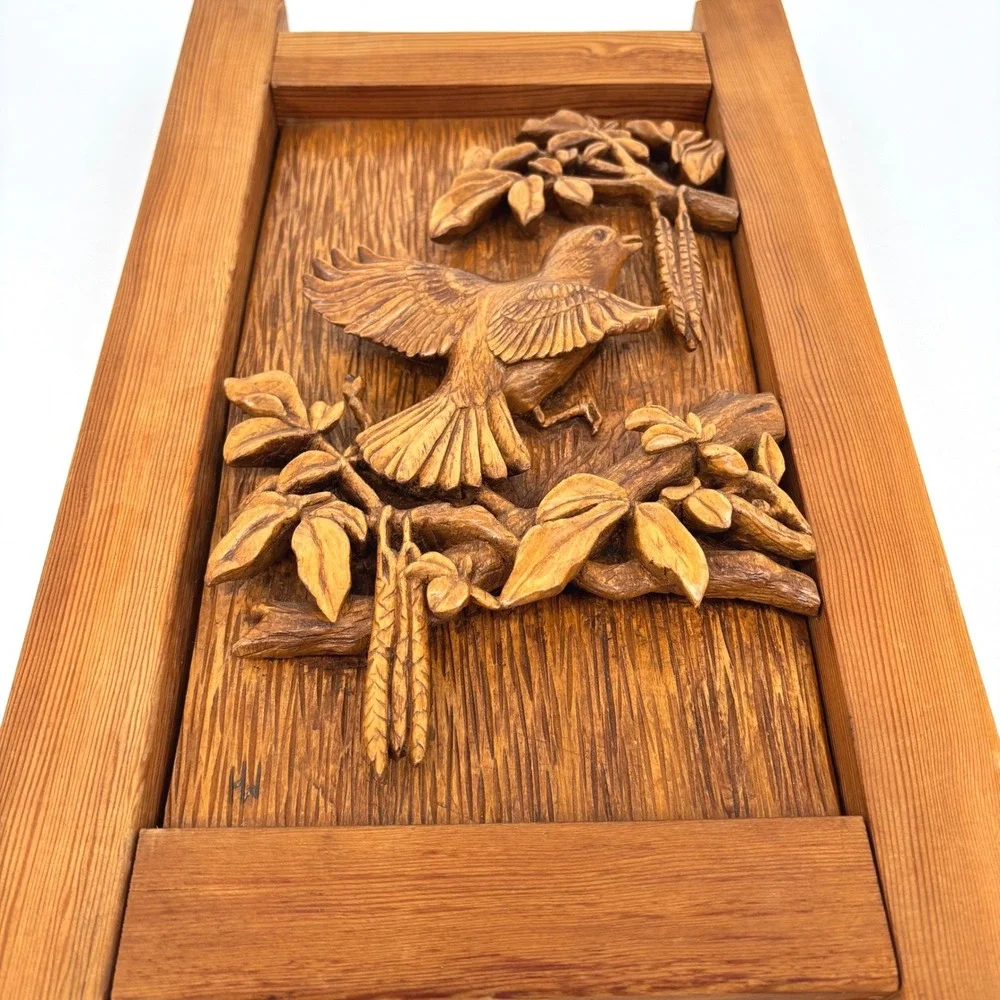 Vintage 1975 Hand Carved Wood Bird Relief Wall Plaque Art Signed